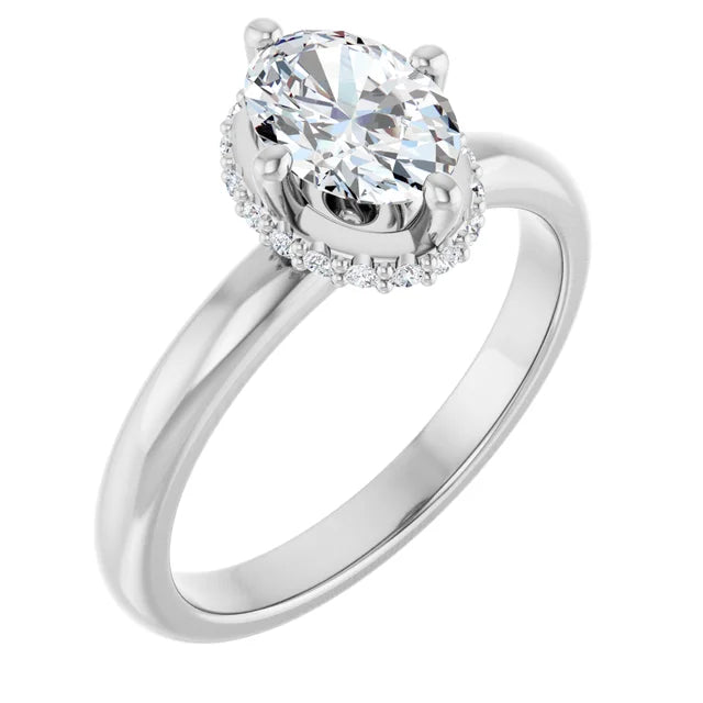 14K White Gold Oval Engagement Ring with 1 CT Center and Hidden Halo 1 1/8 CTW Diamonds