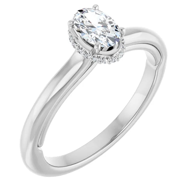 14K White Gold Oval Engagement Ring with 3/8 CT Center and Hidden Halo