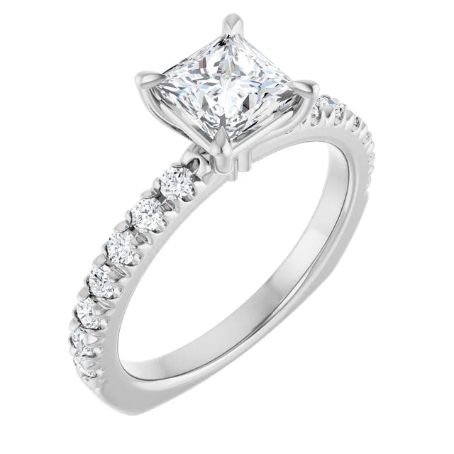 14K White Gold Princess-Cut Engagement Ring with 1 CT Center and 1 1/3 CTW Diamond Accents