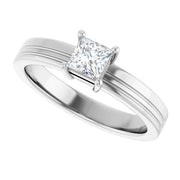14K White Gold Princess-Cut Solitaire Ring with 1/3 CT Center and Grooved Band Detailing