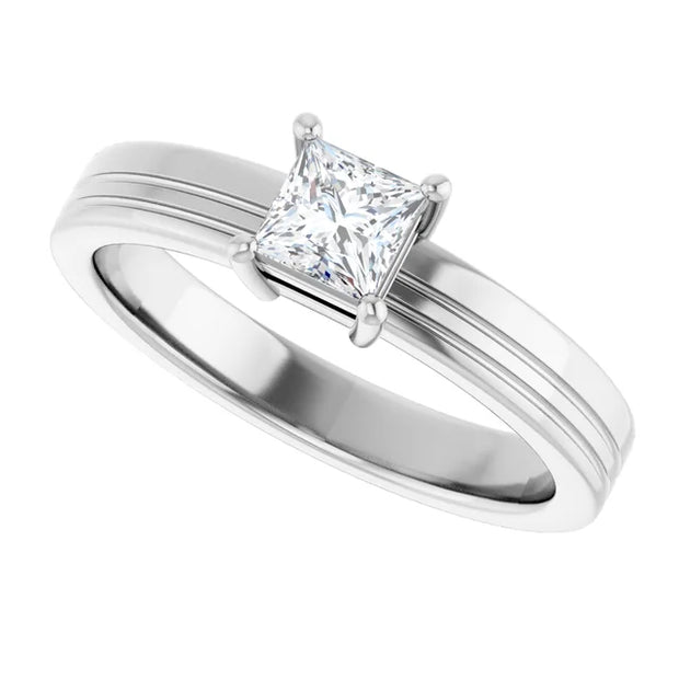 14K White Gold Princess-Cut Solitaire Ring with 1/3 CT Center and Grooved Band Detailing