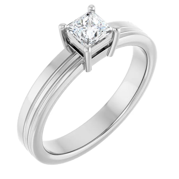 14K White Gold Princess-Cut Solitaire Ring with 1/3 CT Center and Grooved Band Detailing