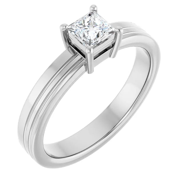 14K White Gold Princess-Cut Solitaire Ring with 1/3 CT Center and Grooved Band Detailing