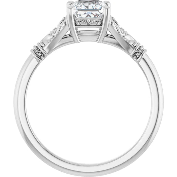 14K White Gold Princess-Cut Solitaire Ring with 3/4 CT Center and Vintage-Inspired Scrollwork Detailing