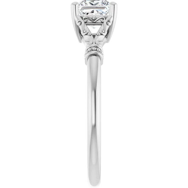 14K White Gold Princess-Cut Solitaire Ring with 3/4 CT Center and Vintage-Inspired Scrollwork Detailing