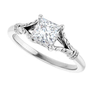 14K White Gold Princess-Cut Solitaire Ring with 3/4 CT Center and Vintage-Inspired Scrollwork Detailing