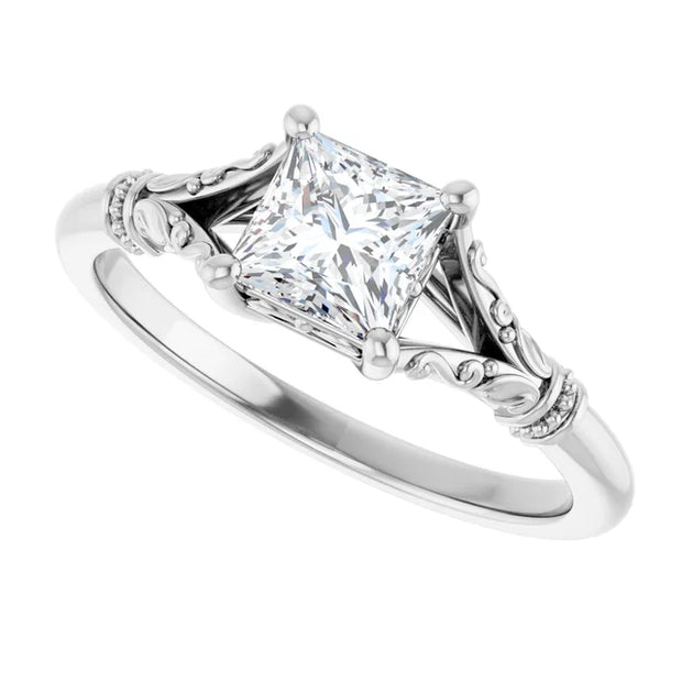 14K White Gold Princess-Cut Solitaire Ring with 3/4 CT Center and Vintage-Inspired Scrollwork Detailing