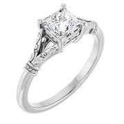 14K White Gold Princess-Cut Solitaire Ring with 3/4 CT Center and Vintage-Inspired Scrollwork Detailing