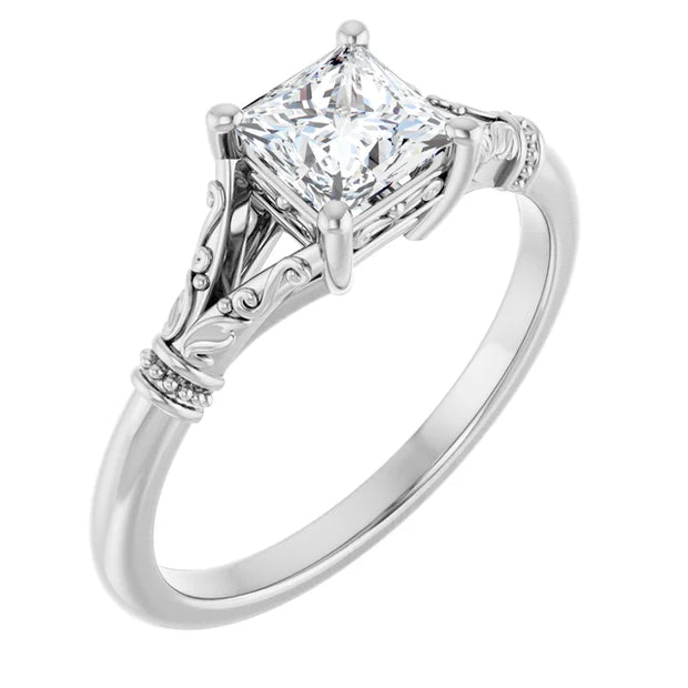 14K White Gold Princess-Cut Solitaire Ring with 3/4 CT Center and Vintage-Inspired Scrollwork Detailing