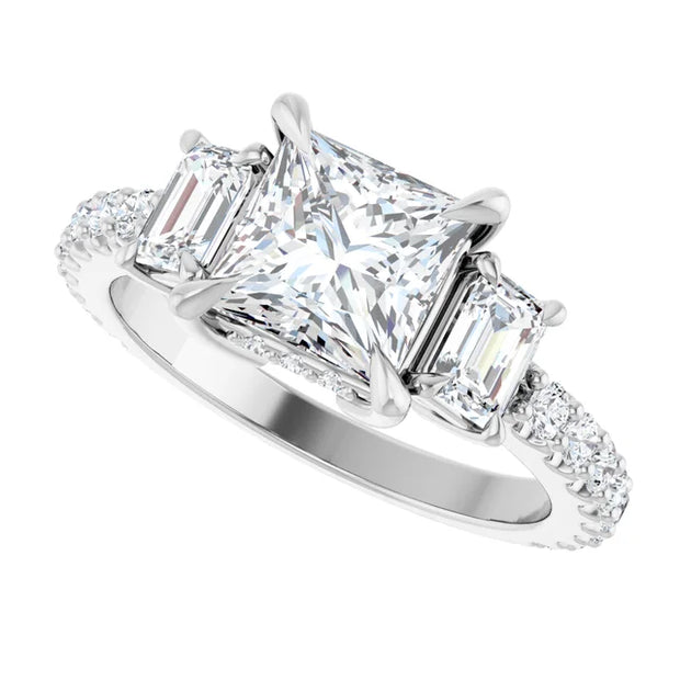 14K White Gold Princess-Cut Three-Stone Engagement Ring with 3/4 CT Center and 1 1/2 CTW Diamond Accents