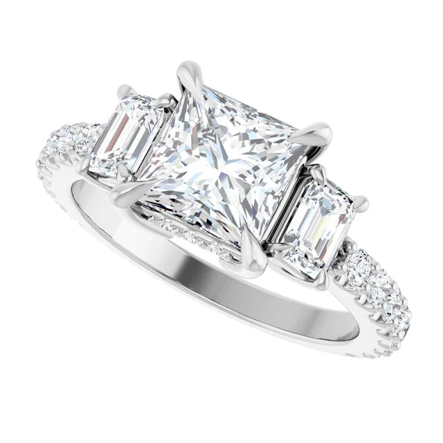 14K White Gold Princess-Cut Three-Stone Engagement Ring with 3/4 CT Center and 1 1/2 CTW Diamond Accents