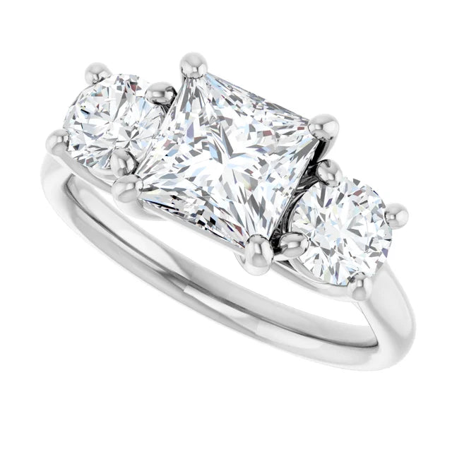 14K White Gold Princess-Cut Three-Stone Engagement Ring with 1/2 CT Center and 1 1/2 CTW Diamond Accents