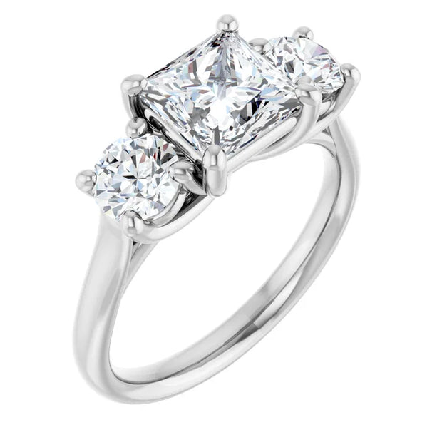 14K White Gold Princess-Cut Three-Stone Engagement Ring with 3/4 CT Center and 1 1/3 CTW Round Side Diamonds