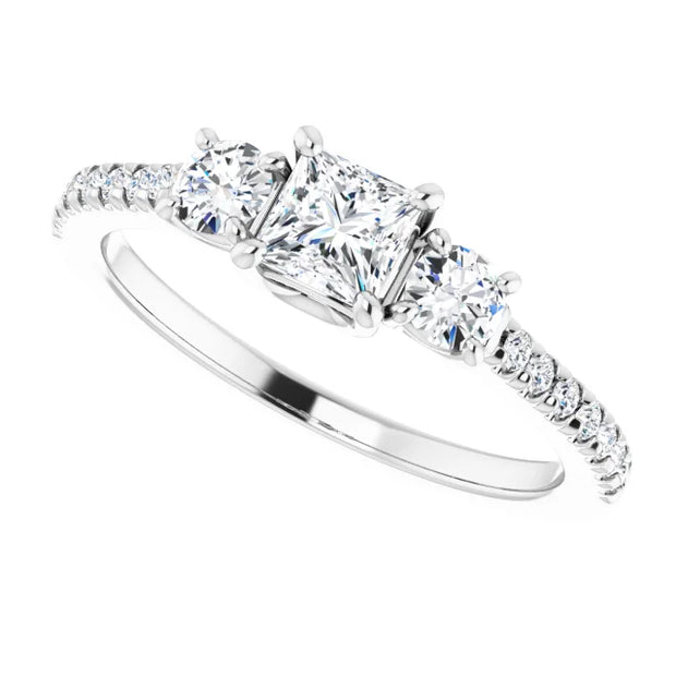 14K White Gold Princess-Cut Three-Stone Engagement Ring with 3/4 CT Center and 1 1/2 CTW Diamond Accents