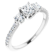 14K White Gold Princess-Cut Three-Stone Engagement Ring with 1 CT Center and 1 1/2 CTW Round Side Diamonds
