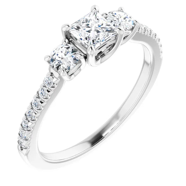 14K White Gold Princess-Cut Three-Stone Engagement Ring with 1 CT Center and 1 1/2 CTW Round Side Diamonds