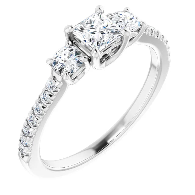 14K White Gold Princess-Cut Three-Stone Engagement Ring with 1 CT Center and 1 1/2 CTW Round Side Diamonds