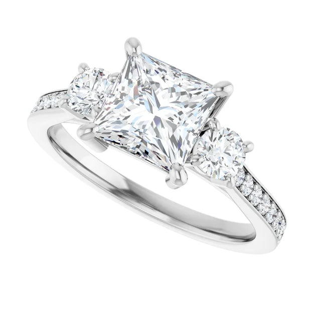 14K White Gold Princess-Cut Three-Stone Engagement Ring with 1/2 CT Center and 1 1/2 CTW Diamond Accents