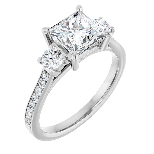 14K White Gold Princess-Cut Three-Stone Engagement Ring with 1/2 CT Center and 1 1/2 CTW Diamond Accents