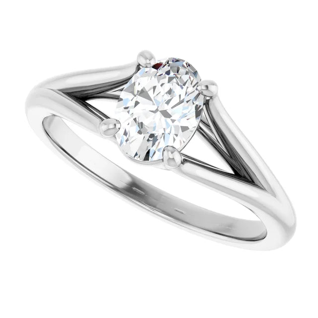 14K White Gold Split Shank Oval Engagement Ring with 1 CT Center and Claw Prong Setting