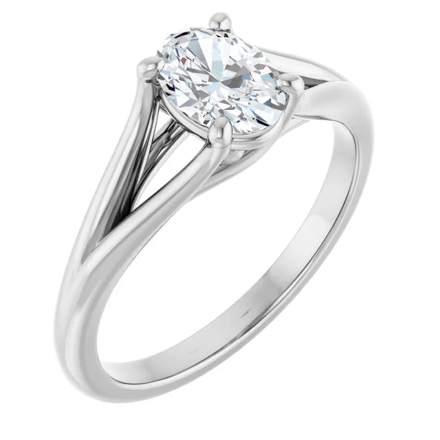 14K White Gold Split Shank Oval Engagement Ring with 1 CT Center and Claw Prong Setting