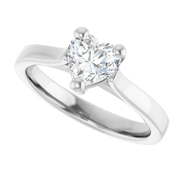 14K White Gold Tapered Band Ring with 1/2 CT Heart Diamond and Minimal 3-Prong Setting
