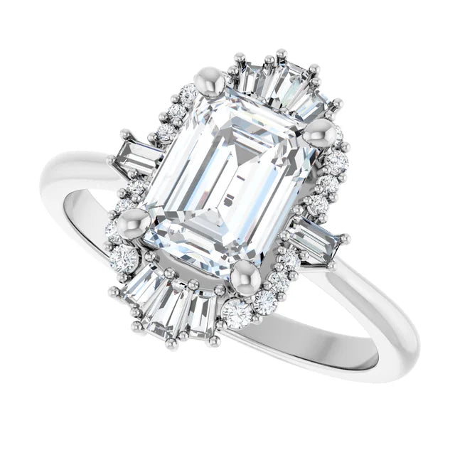 14k White Gold 1 1/4 CT Emerald-Cut Diamond Halo Ring with Mixed Diamond Accents