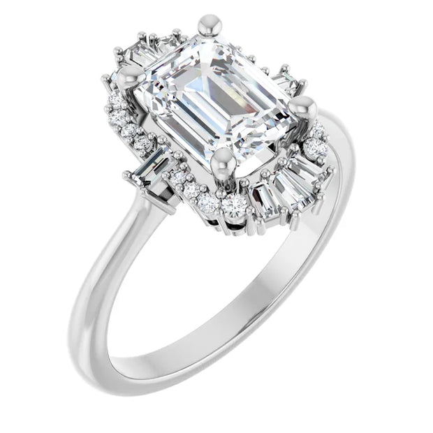 14k White Gold 1 1/4 CT Emerald-Cut Diamond Halo Ring with Mixed Diamond Accents