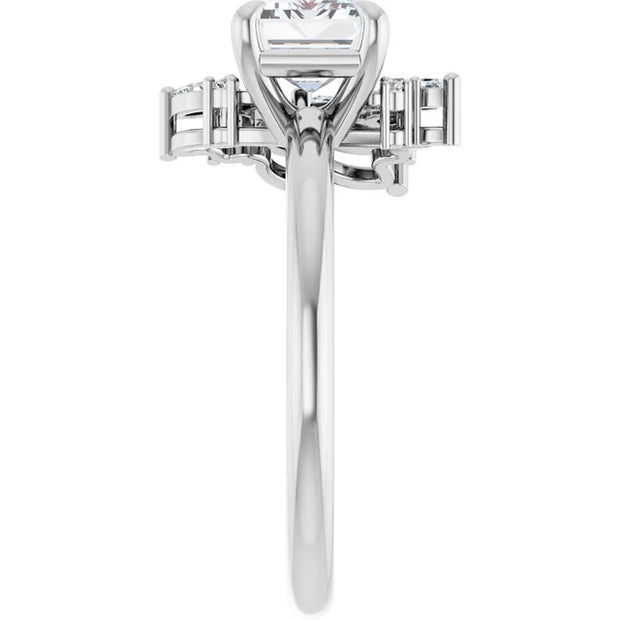 14k White Gold 1 1/4 CT Emerald-Cut Diamond Ring with Asymmetric Cluster Accent