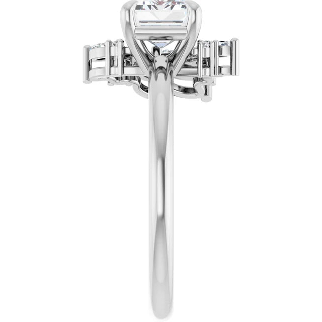 14k White Gold 1 1/4 CT Emerald-Cut Diamond Ring with Asymmetric Cluster Accent
