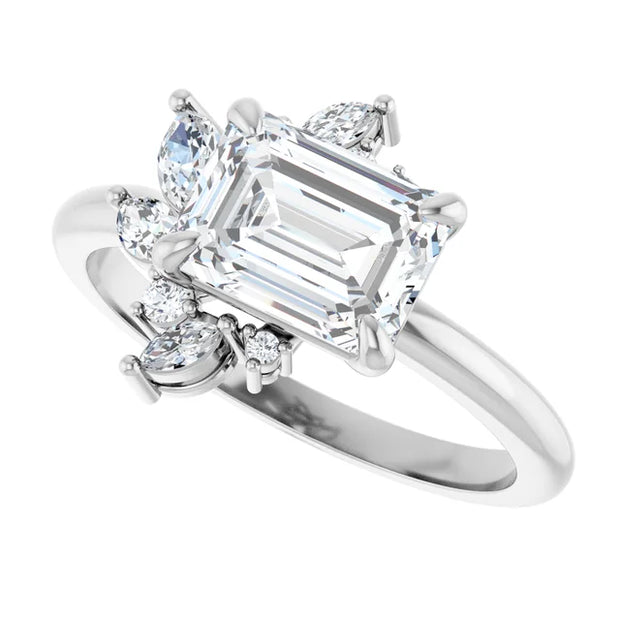 14k White Gold 1 1/4 CT Emerald-Cut Diamond Ring with Asymmetric Cluster Accent