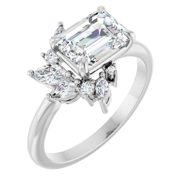 14k White Gold 1 1/4 CT Emerald-Cut Diamond Ring with Asymmetric Cluster Accent