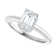 14k White Gold 1 1/4 CT Emerald-Cut Diamond Ring with Pavé Halo Detail