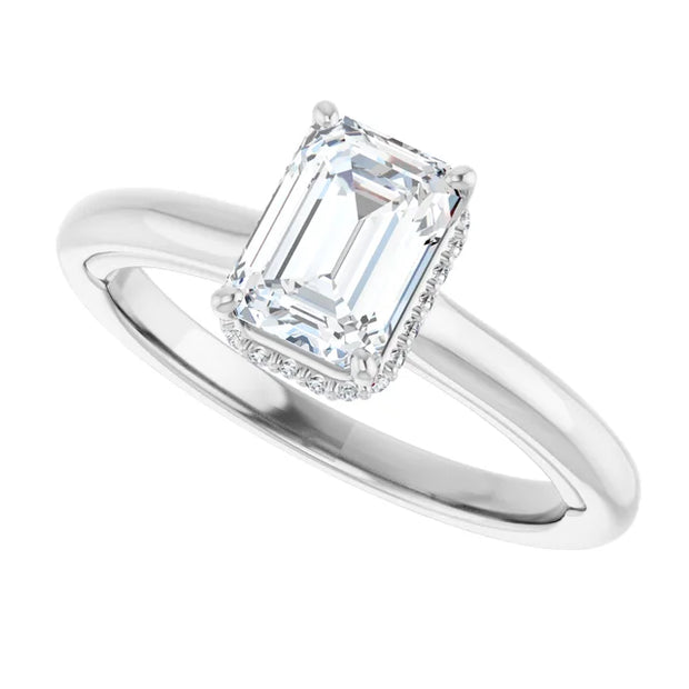 14k White Gold 1 1/4 CT Emerald-Cut Diamond Ring with Pavé Halo Detail