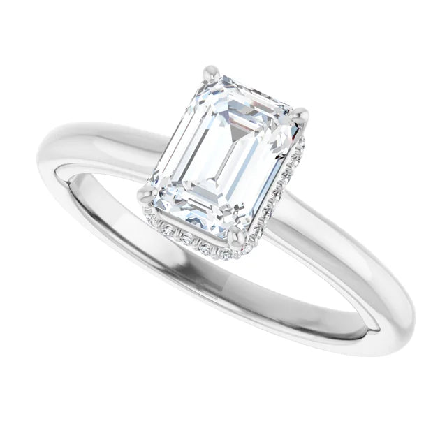 14k White Gold 1 1/4 CT Emerald-Cut Diamond Ring with Pavé Halo Detail