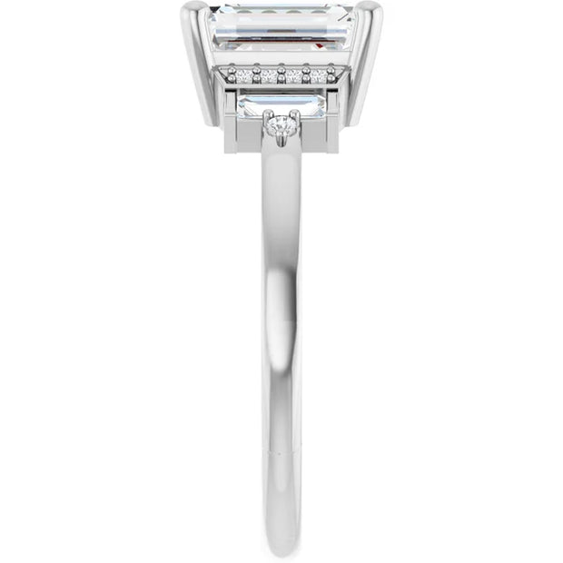 14k White Gold 1 1/4 CT Emerald-Cut Diamond Ring with Tapered Baguette and Round Diamond Accents