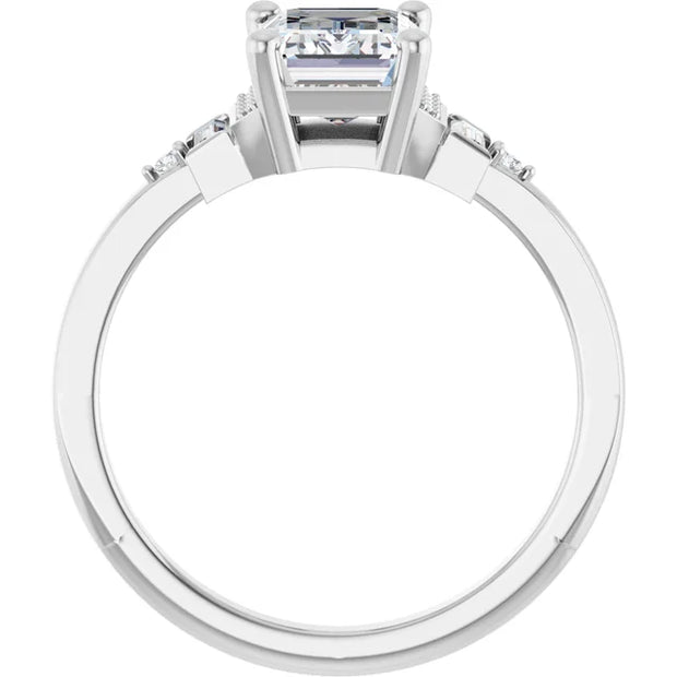 14k White Gold 1 1/4 CT Emerald-Cut Diamond Ring with Tapered Baguette and Round Diamond Accents