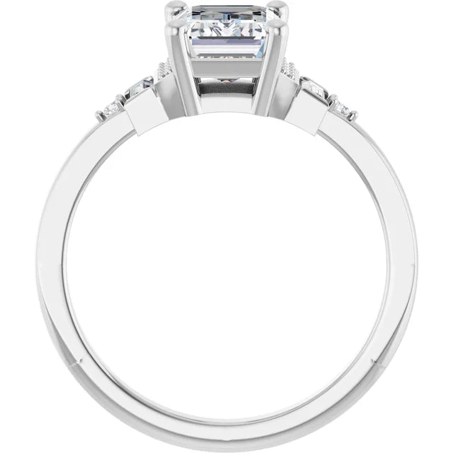 14k White Gold 1 1/4 CT Emerald-Cut Diamond Ring with Tapered Baguette and Round Diamond Accents