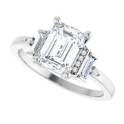 14k White Gold 1 1/4 CT Emerald-Cut Diamond Ring with Tapered Baguette and Round Diamond Accents