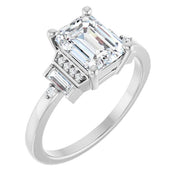 14k White Gold 1 1/4 CT Emerald-Cut Diamond Ring with Tapered Baguette and Round Diamond Accents