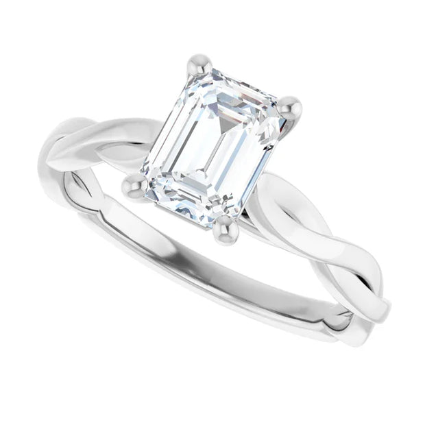14k White Gold 1 1/4 CT Emerald-Cut Diamond Ring with Twisted Band Design