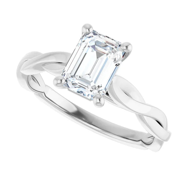14k White Gold 1 1/4 CT Emerald-Cut Diamond Ring with Twisted Band Design
