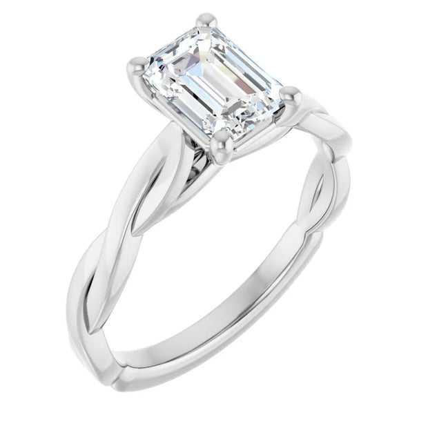 14k White Gold 1 1/4 CT Emerald-Cut Diamond Ring with Twisted Band Design