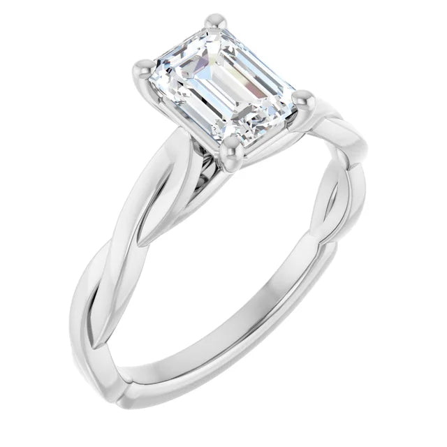 14k White Gold 1 1/4 CT Emerald-Cut Diamond Ring with Twisted Band Design