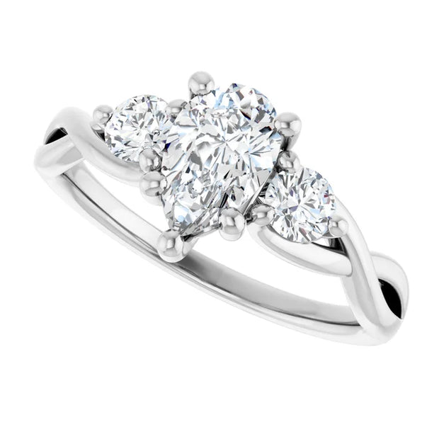 14k White Gold 1 1/5 CTW Pear-Shaped Diamond Three-Stone Ring with Twisted Shoulder Design