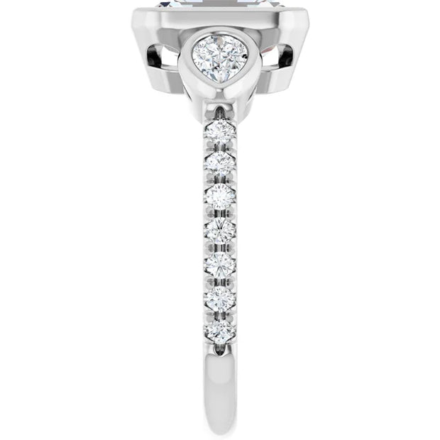 14k White Gold 1 3/4 CTW Bezel-Set Emerald-Cut Diamond Ring with Pear Accents and Pave Band