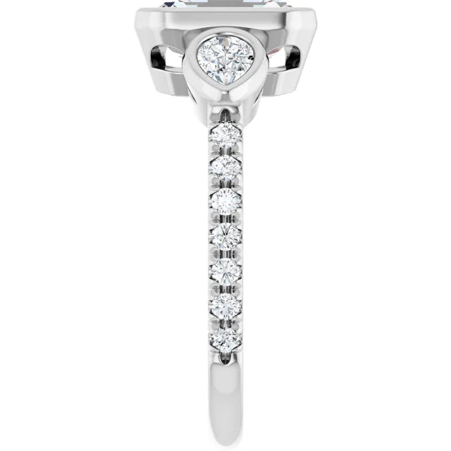 14k White Gold 1 3/4 CTW Bezel-Set Emerald-Cut Diamond Ring with Pear Accents and Pave Band