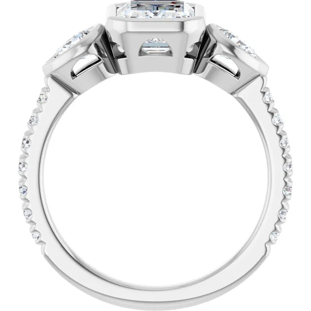 14k White Gold 1 3/4 CTW Bezel-Set Emerald-Cut Diamond Ring with Pear Accents and Pave Band