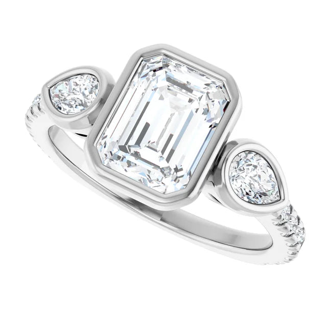 14k White Gold 1 3/4 CTW Bezel-Set Emerald-Cut Diamond Ring with Pear Accents and Pave Band