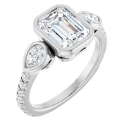 14k White Gold 1 3/4 CTW Bezel-Set Emerald-Cut Diamond Ring with Pear Accents and Pave Band